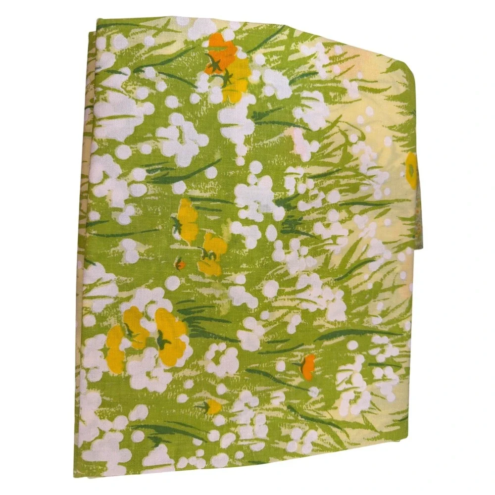Vintage Danville Twin Flat Sheet Field Flowers Cottagecore Retro Floral Green